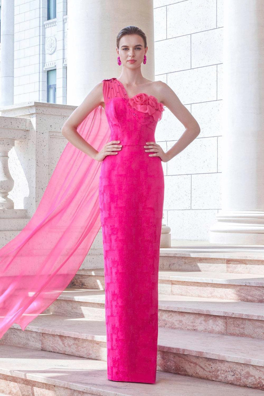 Aspira Pegged One Shoulder Brocade Floor Length Dress Pink Gown Dress I.H.F Atelier