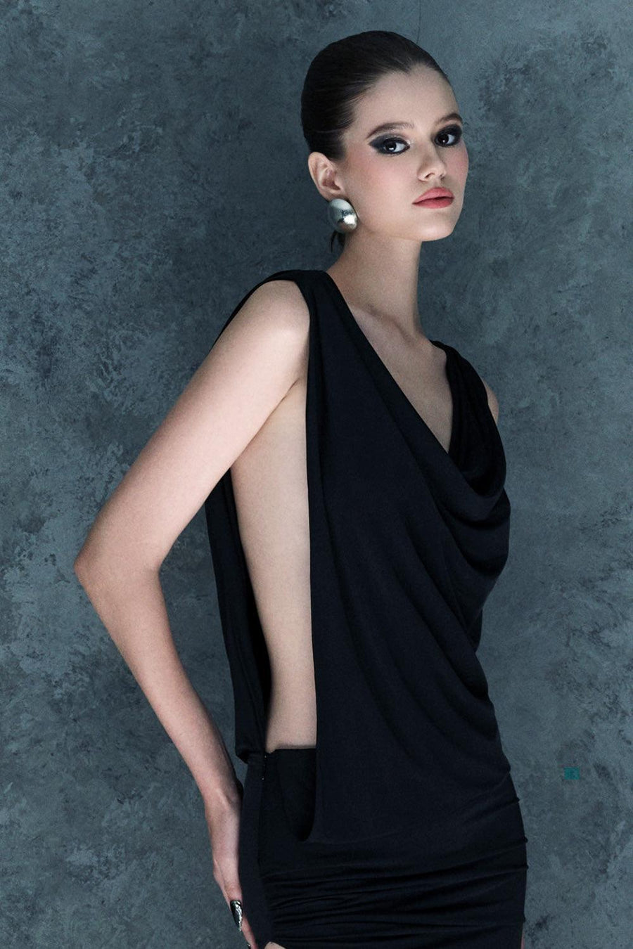 Astraea Slit Cowl Neck Elastic Spandex Floor Length Dress Gown Dress CEM