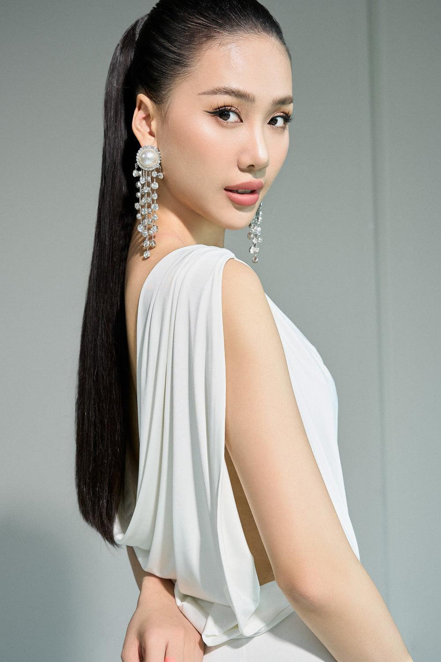 Astraea Slit Cowl Neck Elastic Spandex Floor Length Dress Gown Dress CEM