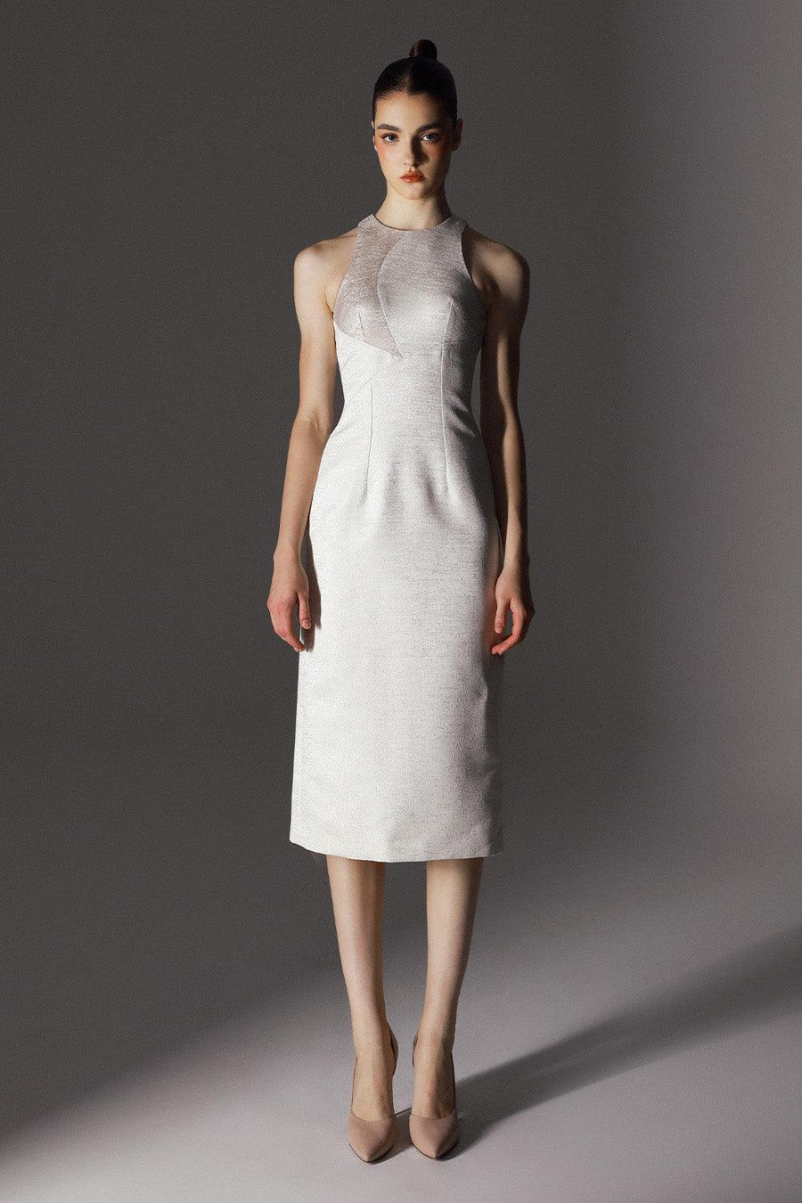 Astral Sheath Jewel Neck Brocade Midi Dress 1