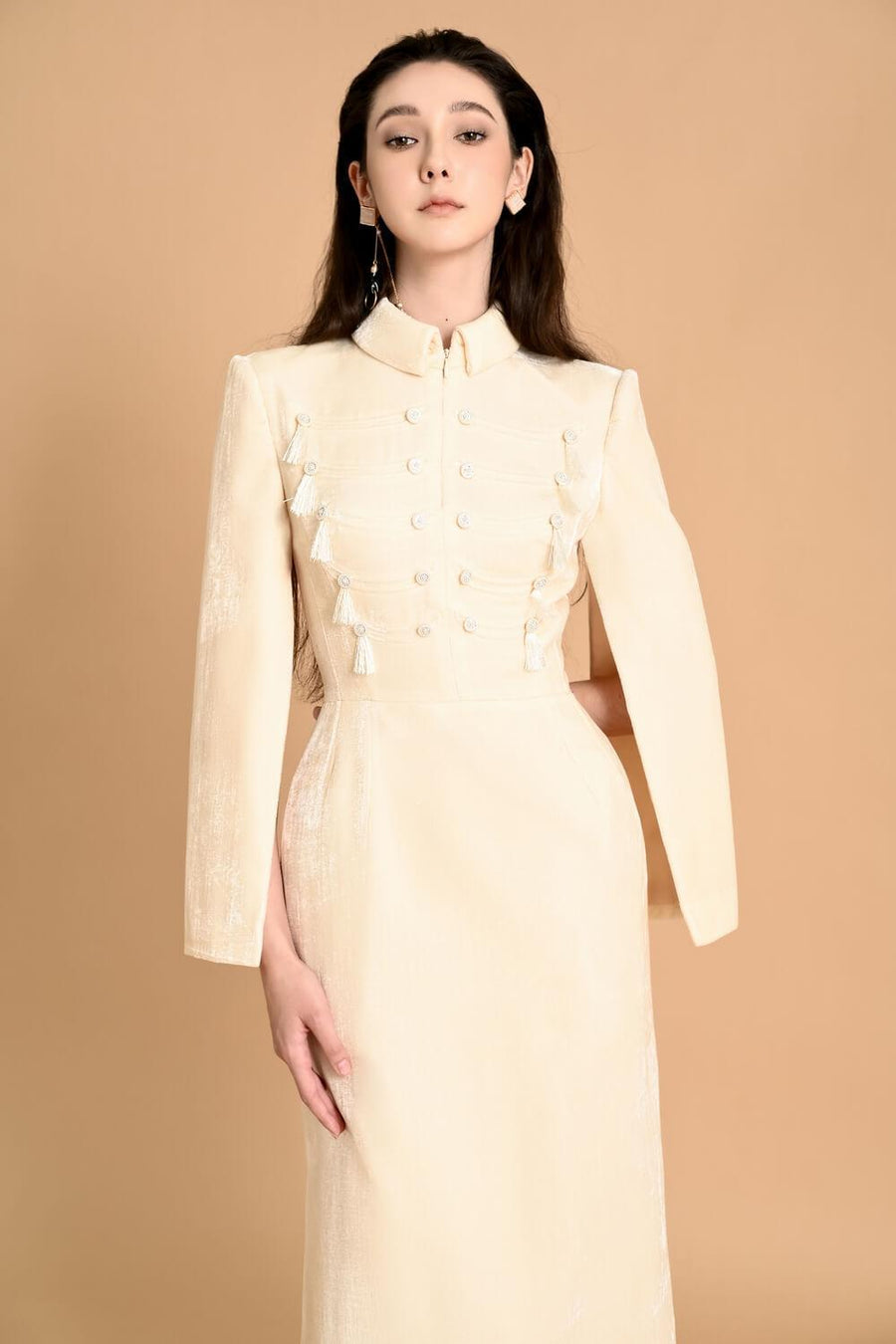 Atkins Cape Collared Neck Velvet Midi Dress White Midi Dress Maison des Copains