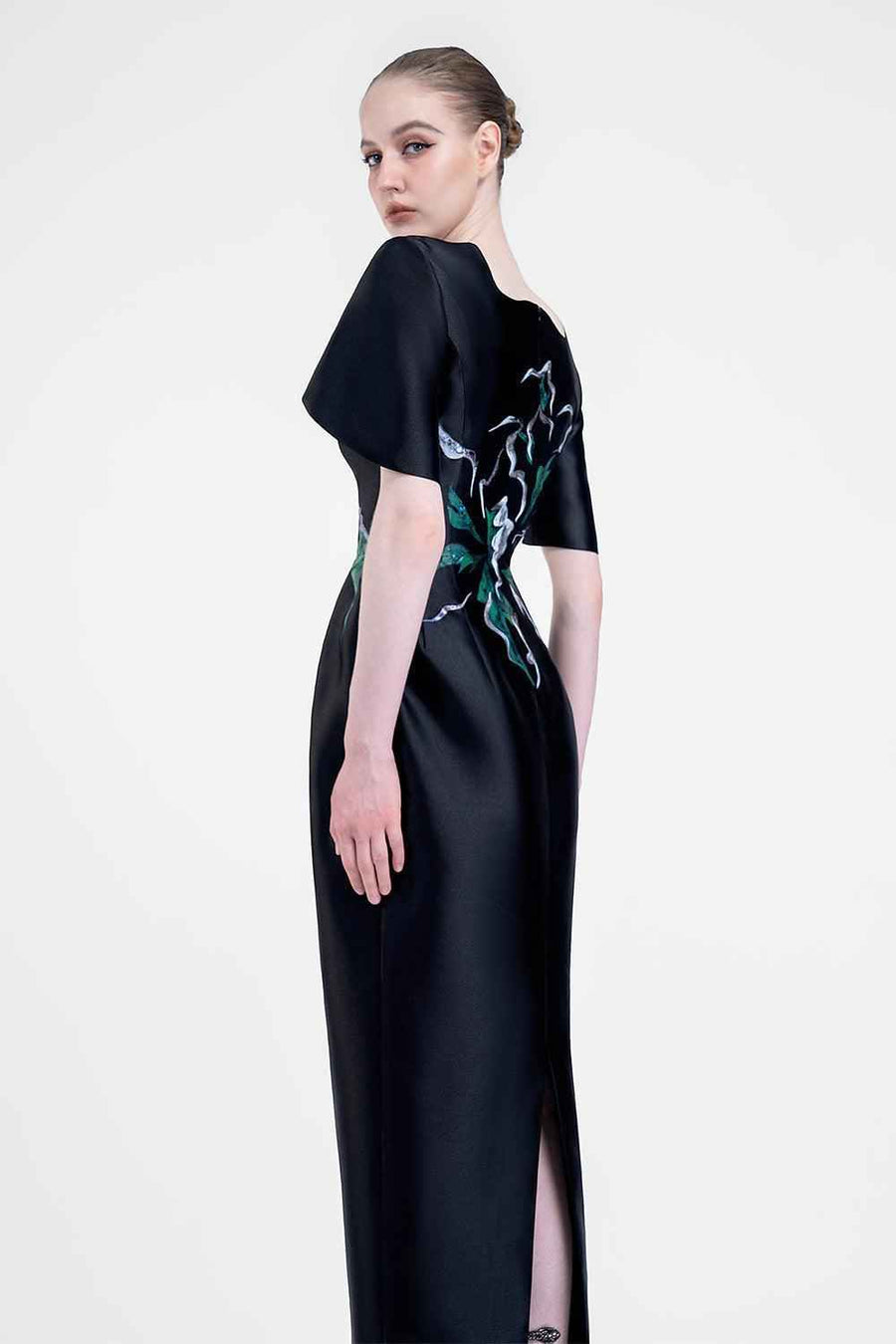 Aubrielle Pegged Slit Sleeved Zibeline Ankle Length Dress