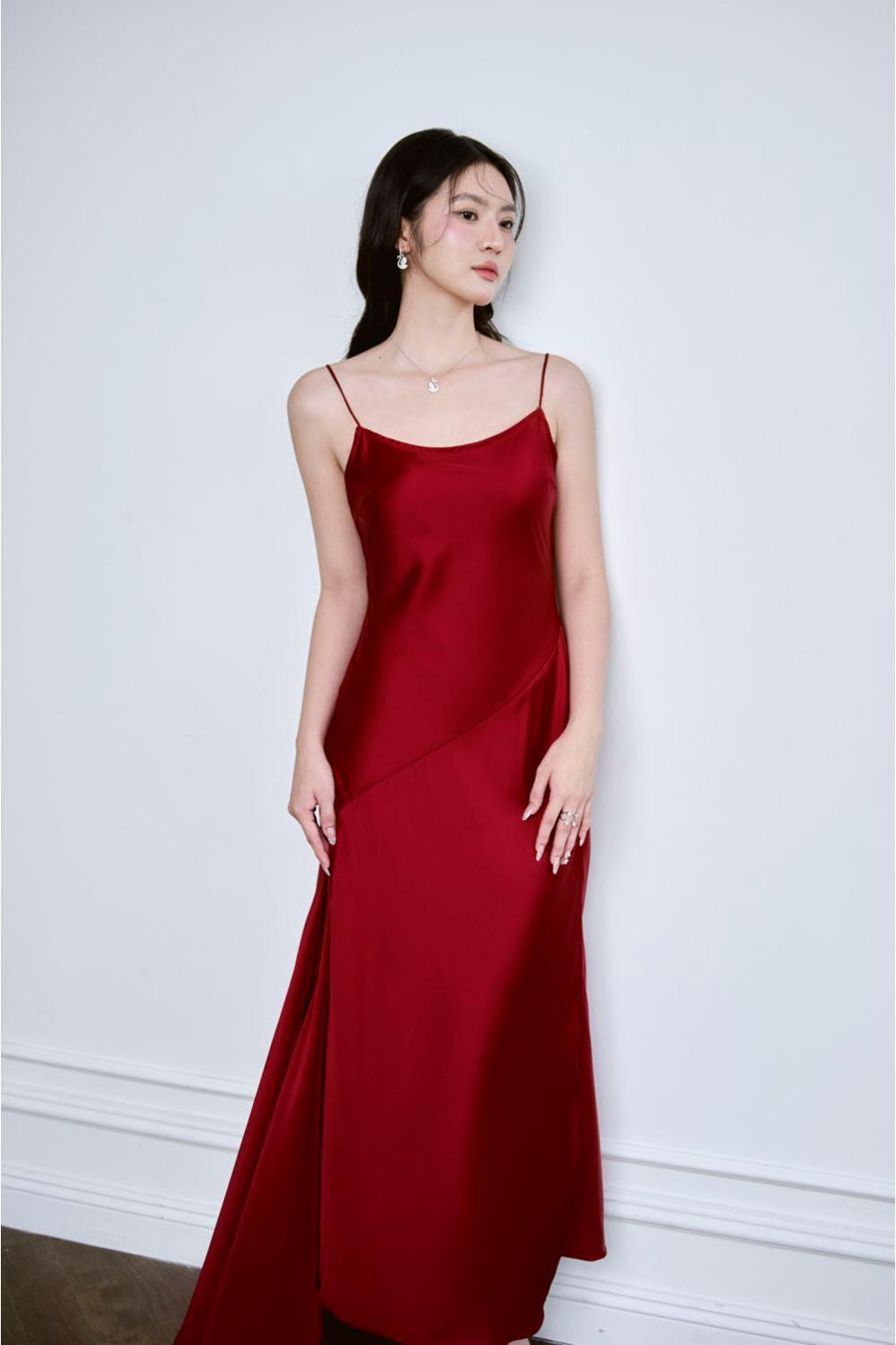 Audrey Asymmetric Scoop Neck Mulberry Silk Ankle Length Dress Red Maxi Dress Larmes