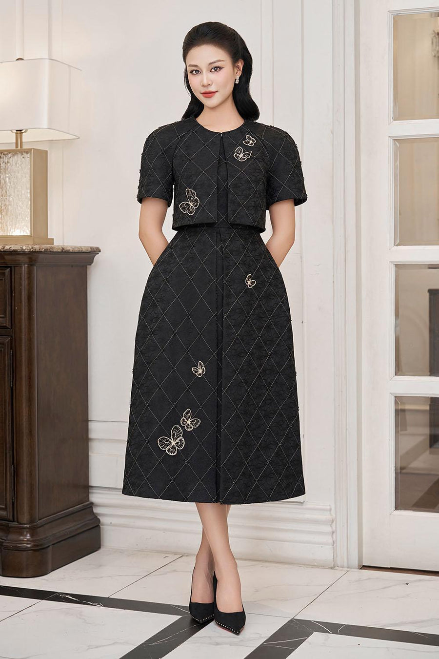 Aurora A-line Draped Brocade Midi Set 2