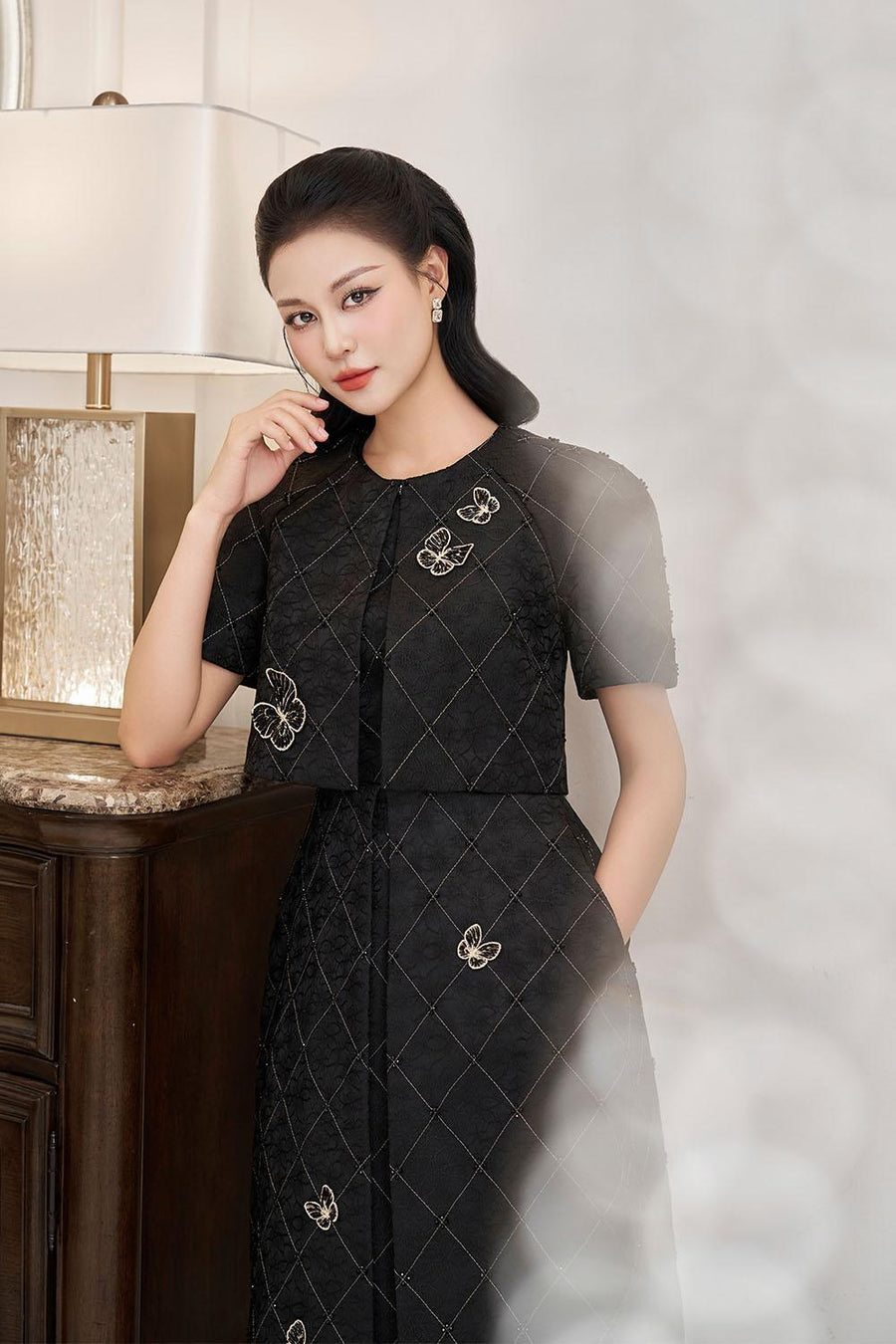 Aurora A-line Draped Brocade Midi Set 4