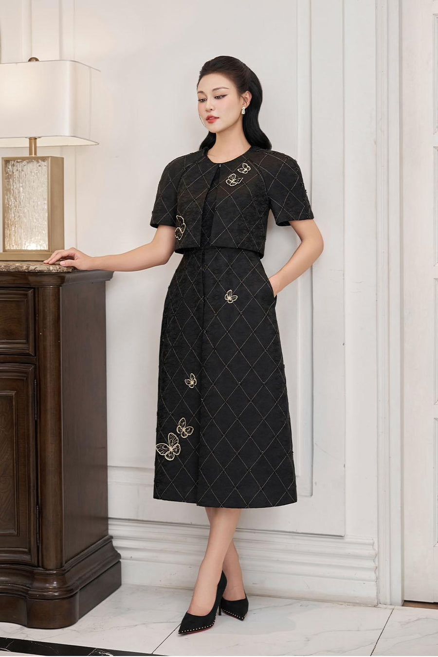 Aurora A-line Draped Brocade Midi Set 7