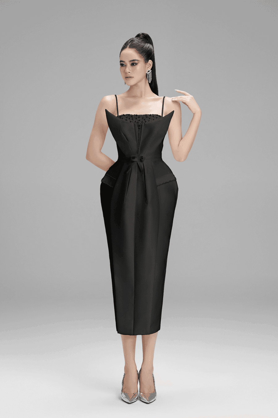 Aurora Pegged Spaghetti Strap Taffeta Midi Dress Black Midi Dress Cordia