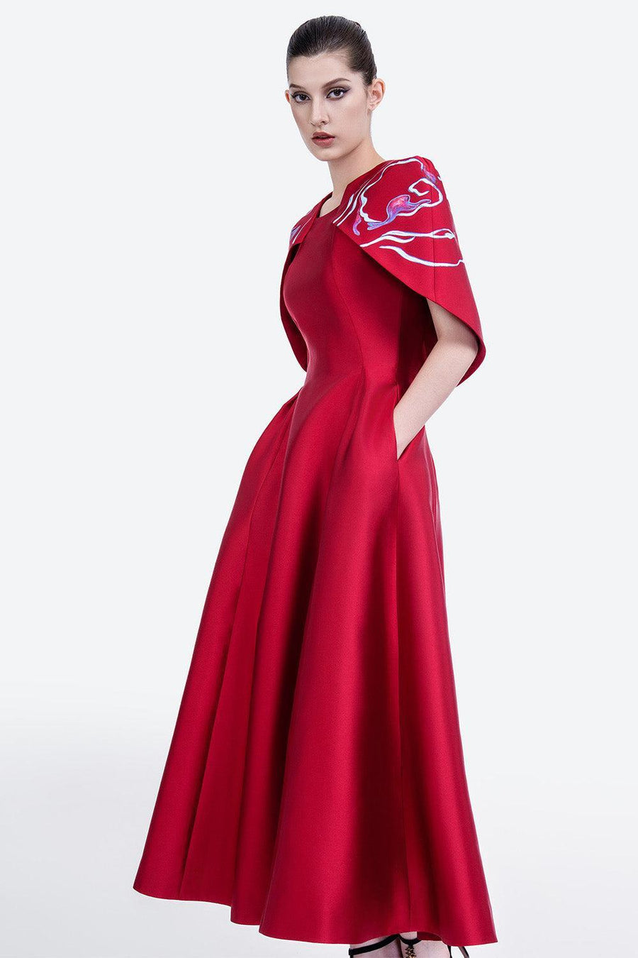 Austin A-line Cape Shoulder Zibeline Midi Dress 5