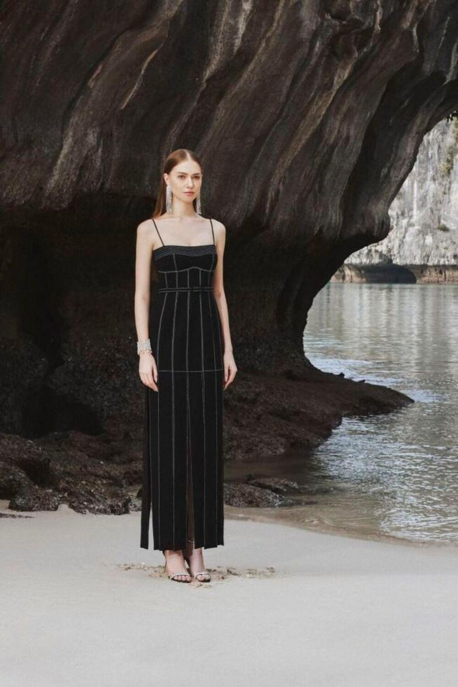 Ava Slit Spaghetti Strap Crepe Midi Dress Midi Dress TRACY STUDIO