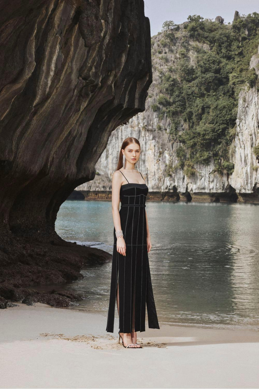 Ava Slit Spaghetti Strap Crepe Midi Dress Midi Dress TRACY STUDIO