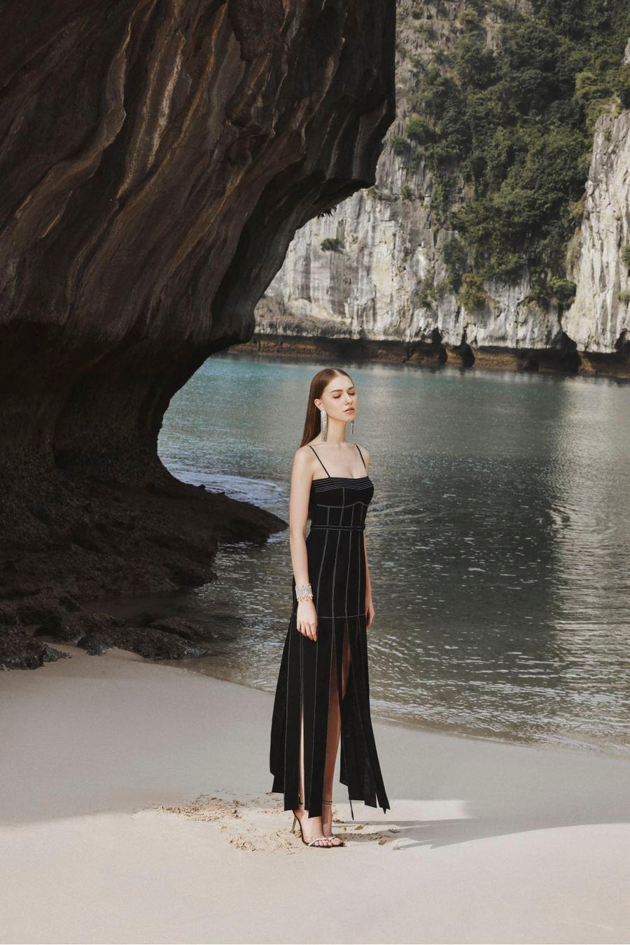 Ava Slit Spaghetti Strap Crepe Midi Dress Midi Dress TRACY STUDIO