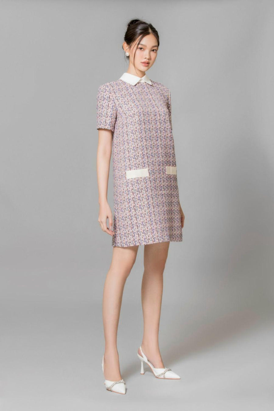 Averi Trapezoid Collared Neck Tweed Mini Dress 5