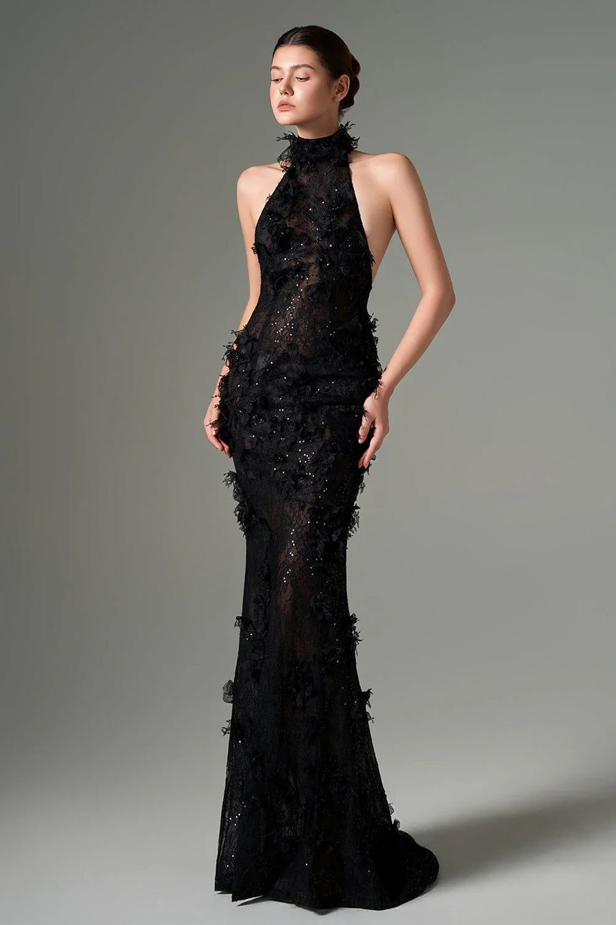 Aylin black backless halter lace mermaid dress – elegant floor-length evening gown with floral appliqués by RESSALINA