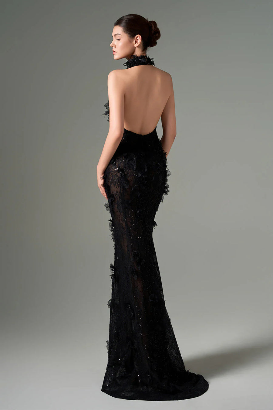 Full-length Aylin black mermaid halter neck lace gown – luxurious see-through detailing and elegant silhouette by RESSALINA