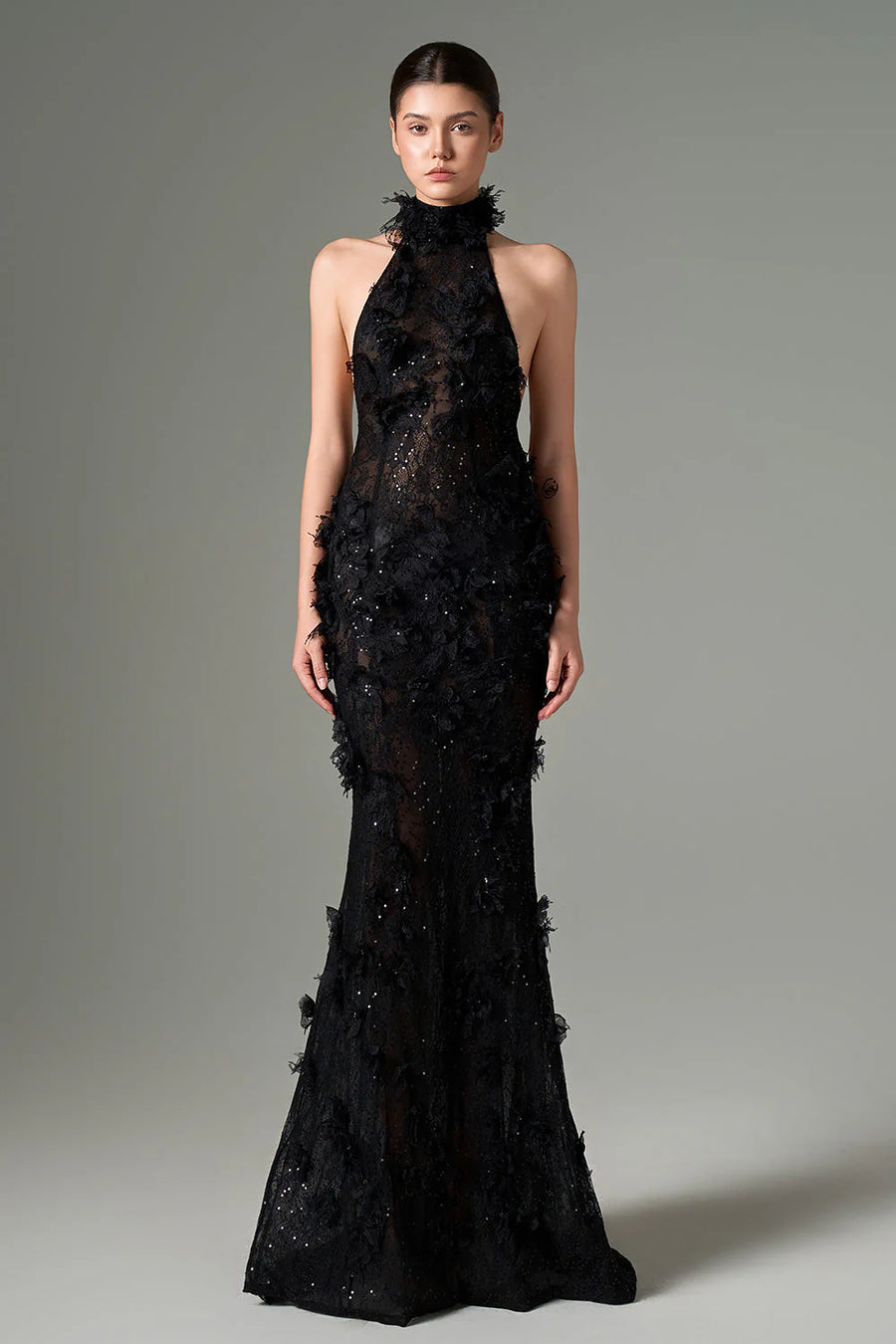Aylin black halter neck mermaid lace evening gown front view by RESSALINA – elegant floor-length luxury dress for women