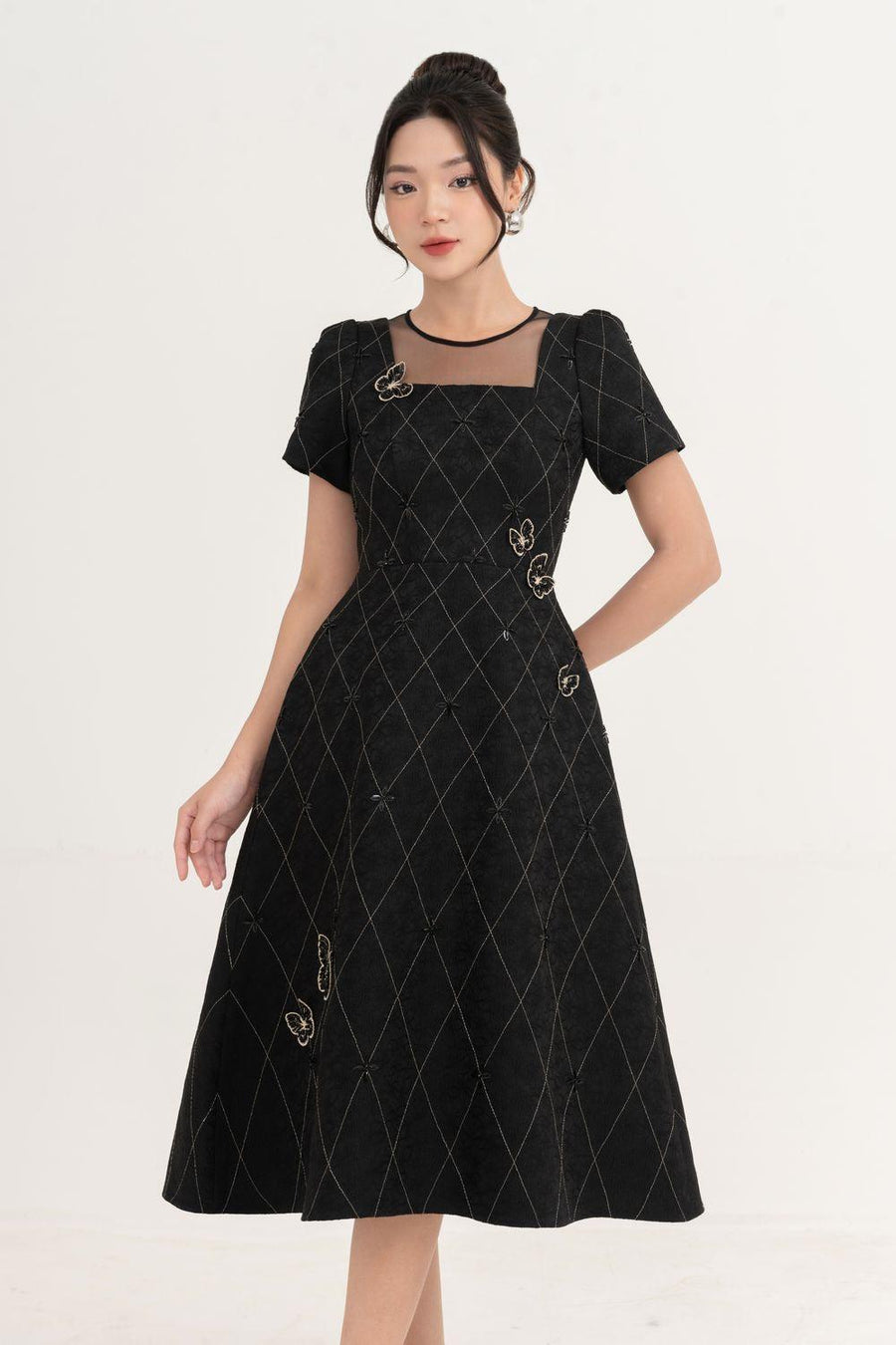 Azalea A-line Round Neck Brocade Midi Dress Black Midi Dress IVY moda
