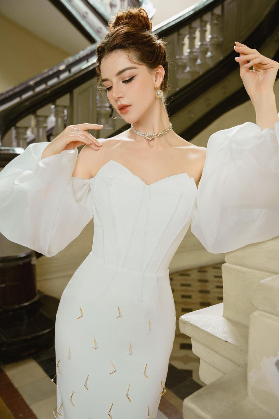 Azalea Bodycon Off-Shoulder Organza Cotton Midi Dress Midi Dress Calista de Minh Thanh