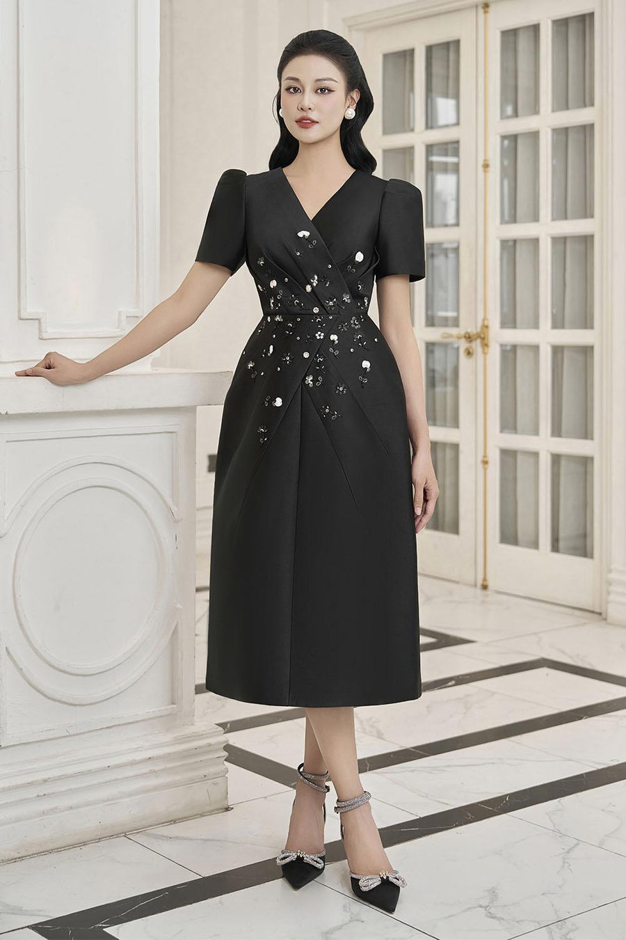 Bautista A-line V-Neck Taffeta Midi Dress Midi Dress IVY moda