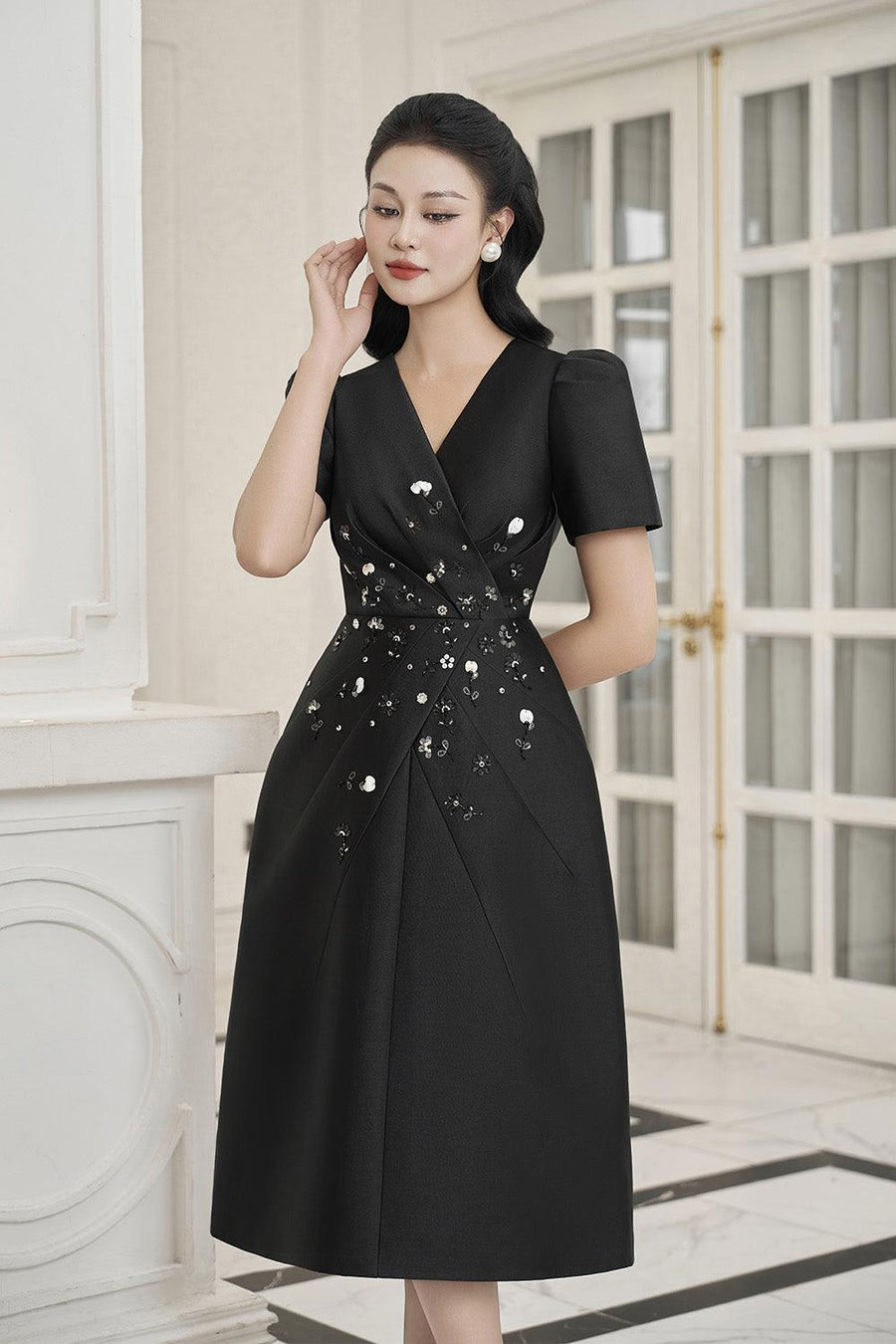 Bautista A-line V-Neck Taffeta Midi Dress Midi Dress IVY moda