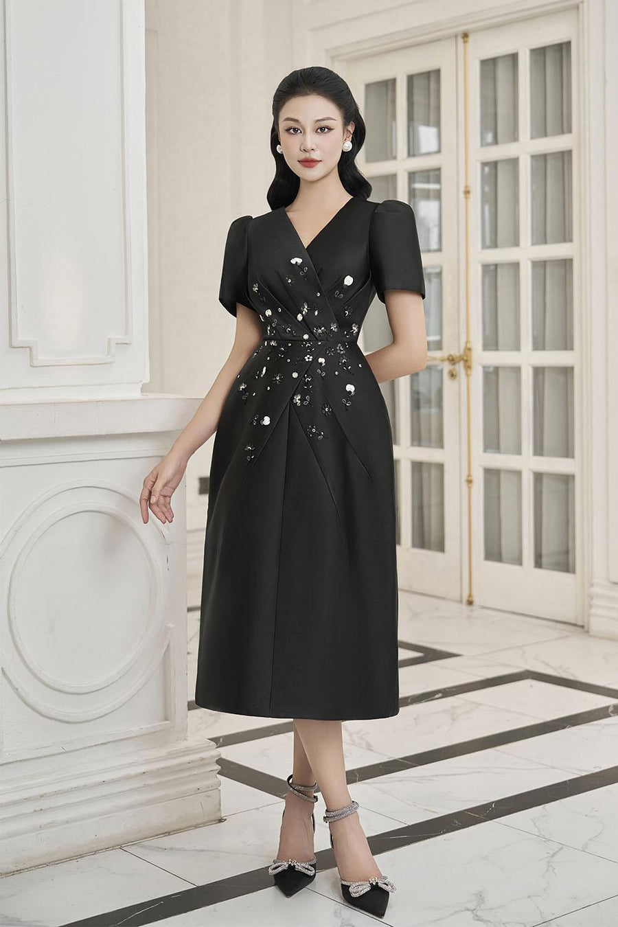 Bautista A-line V-Neck Taffeta Midi Dress Midi Dress IVY moda