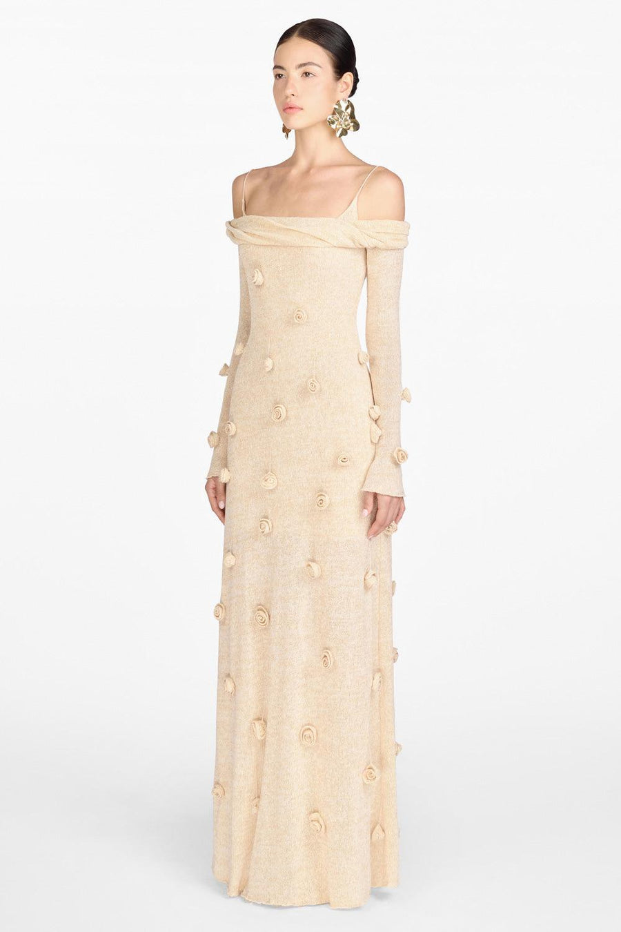 Beige Off-shoulder Floral Dress 11