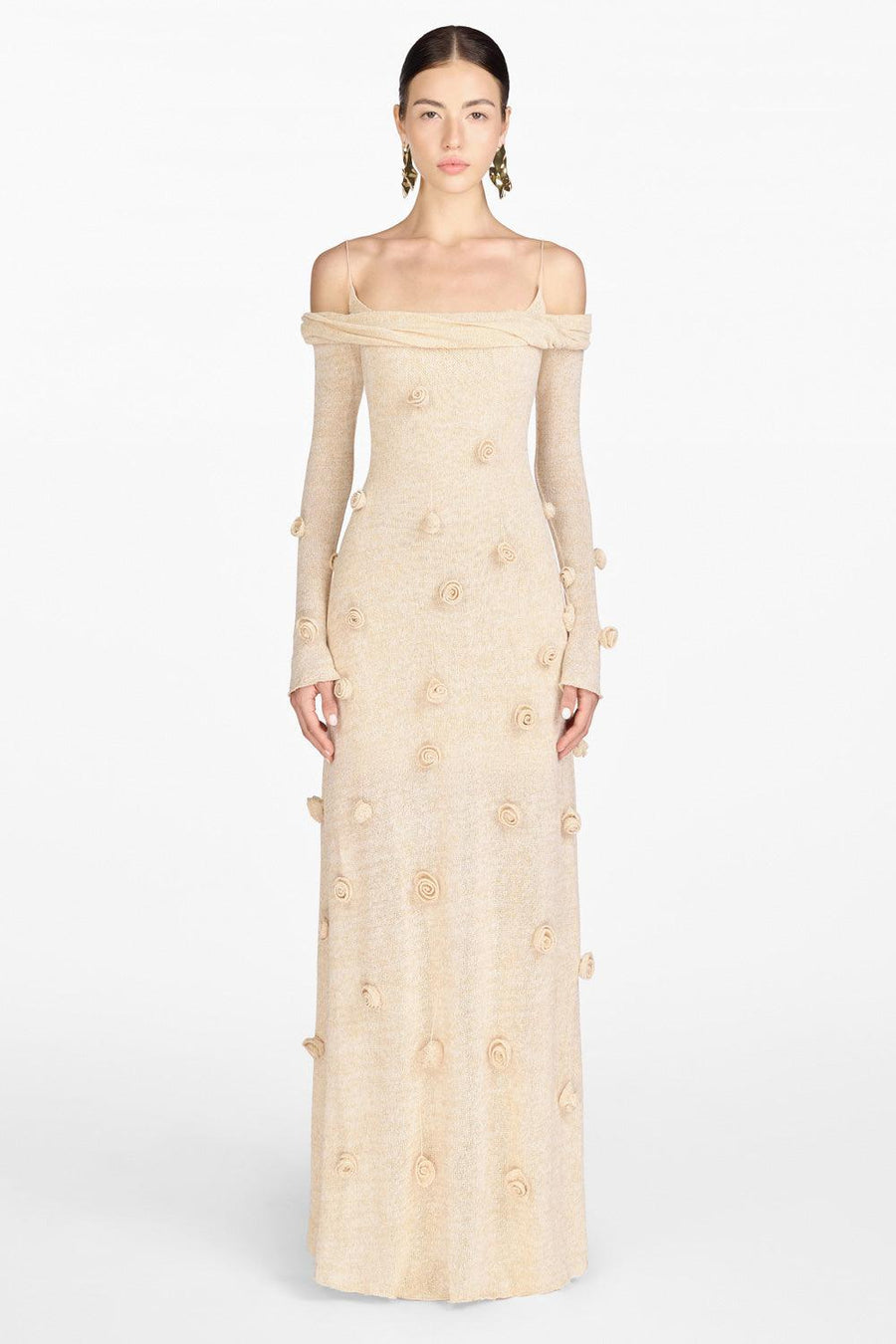 Beige Off-shoulder Floral Dress 12