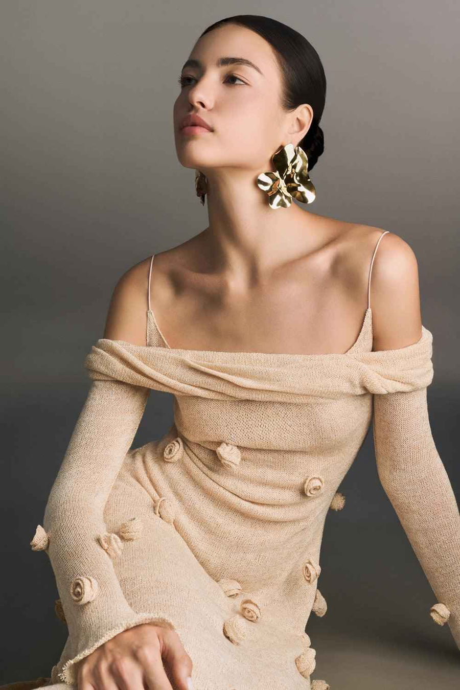 Beige Off-shoulder Floral Dress