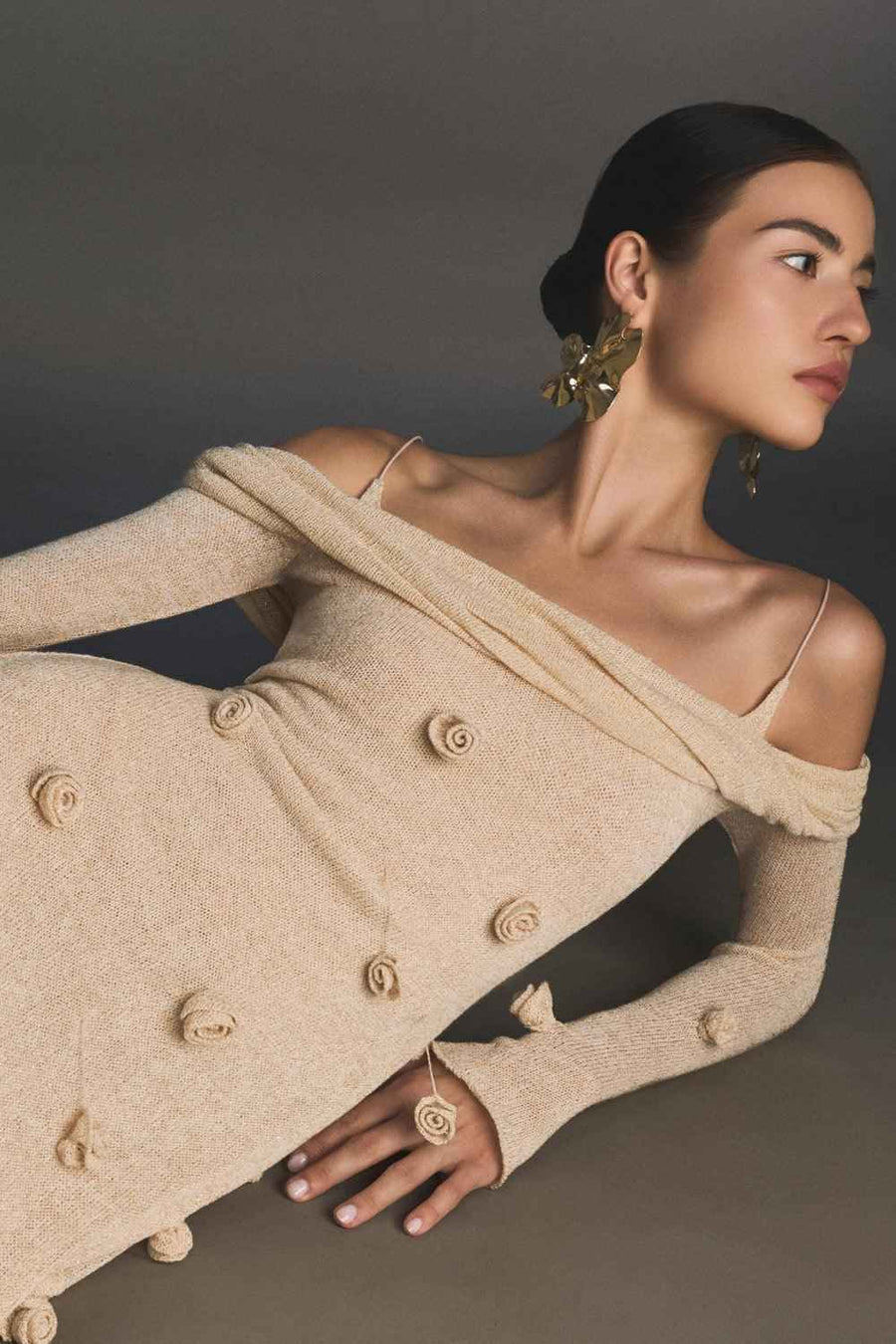 Beige Off-shoulder Floral Dress
