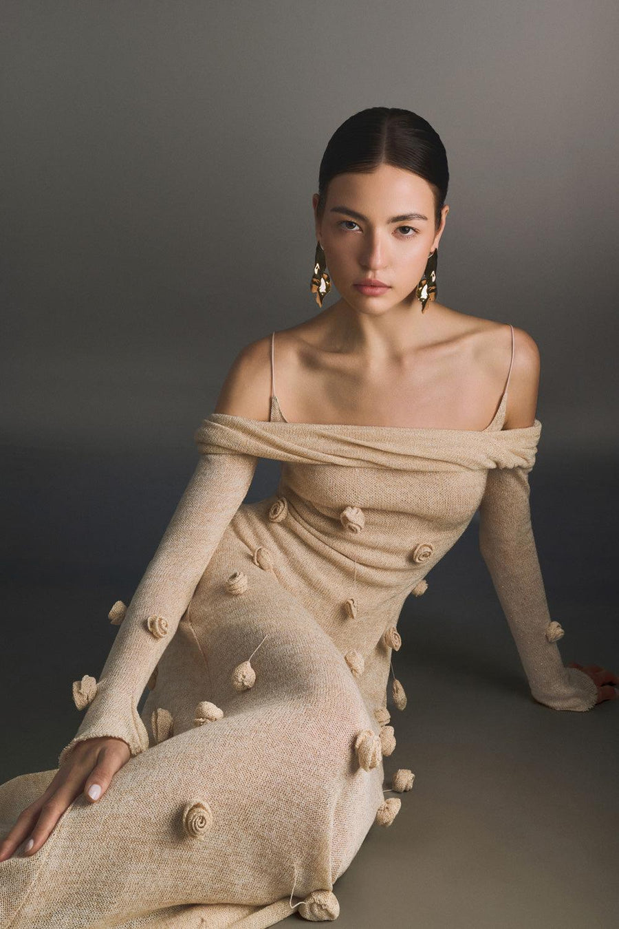 Beige Off-shoulder Floral Dress 5