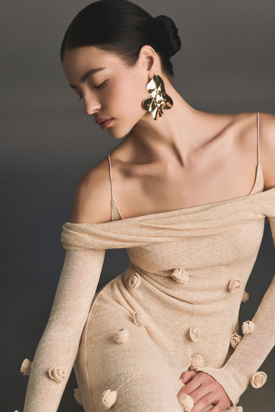 Beige Off-shoulder Floral Dress 6