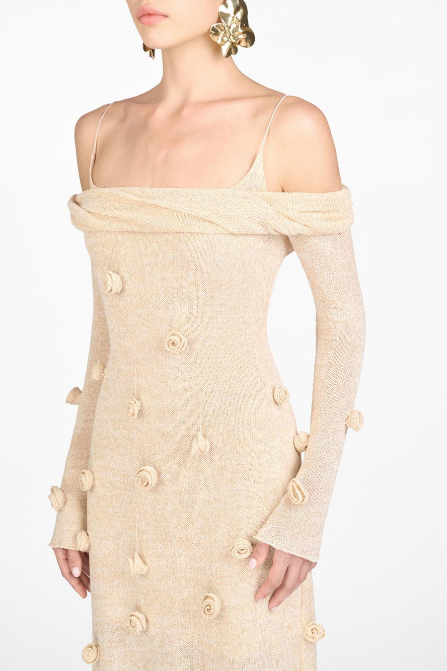 Beige Off-shoulder Floral Dress 7