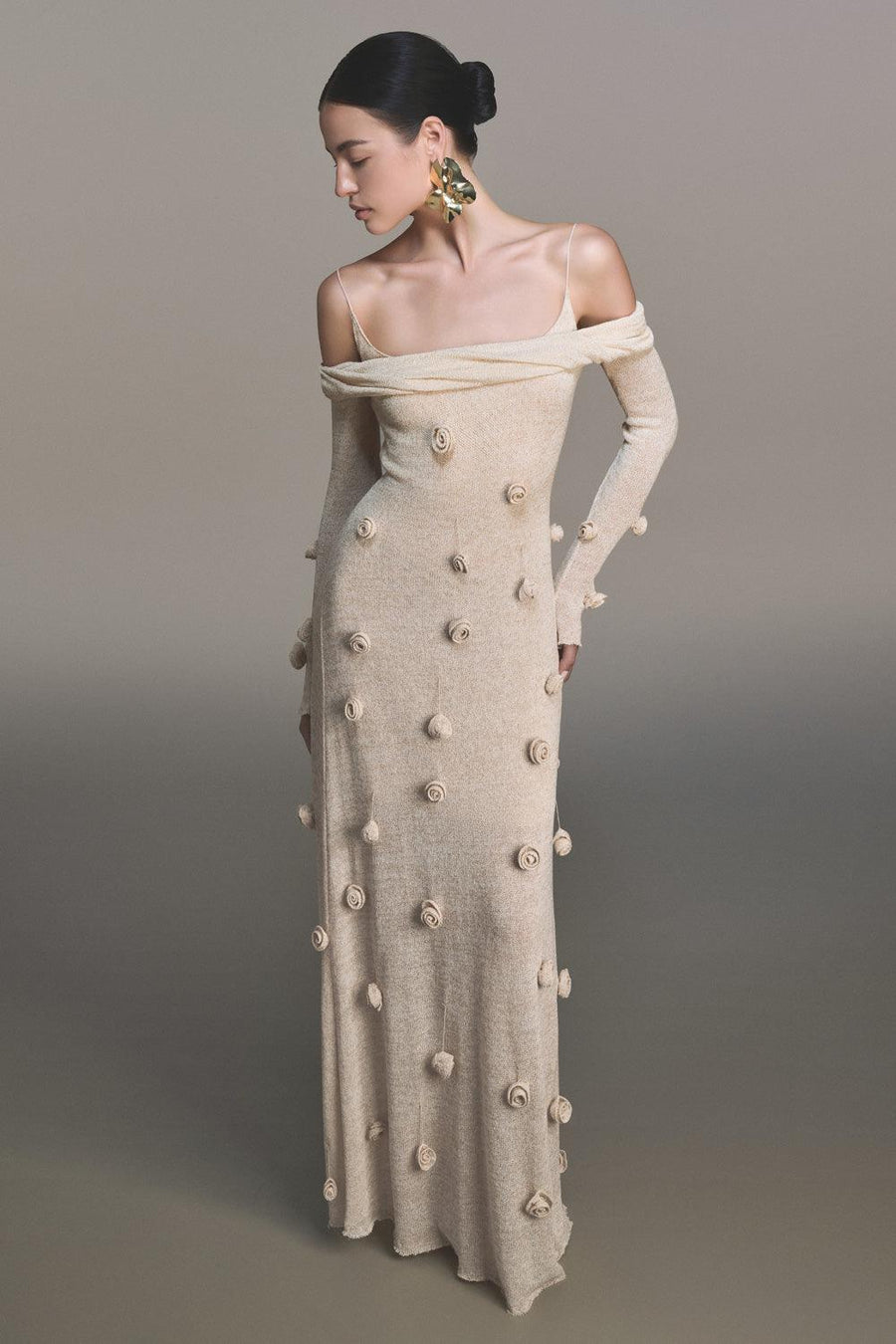 Beige Off-shoulder Floral Dress 8