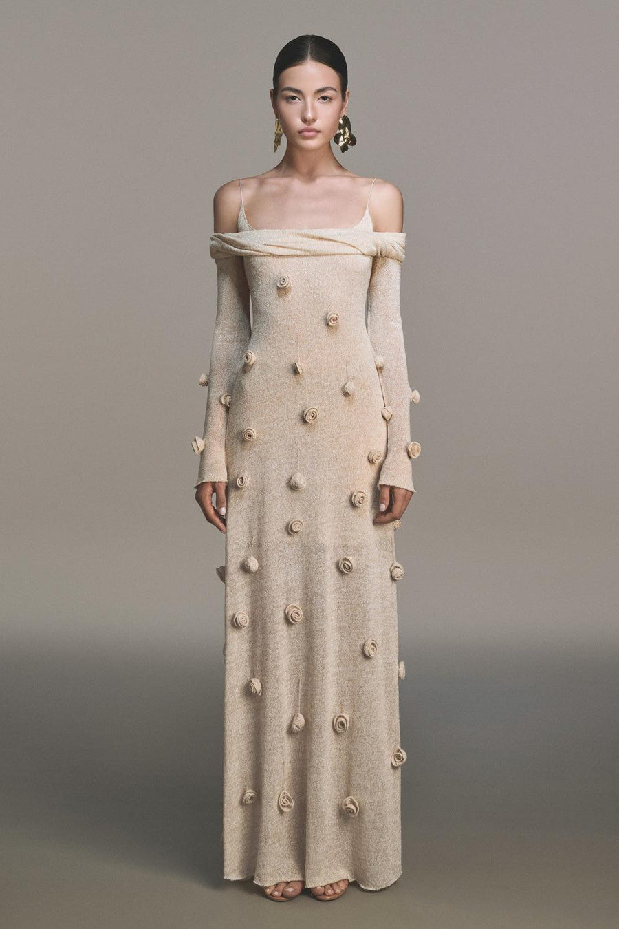 Beige Off-shoulder Floral Dress 9
