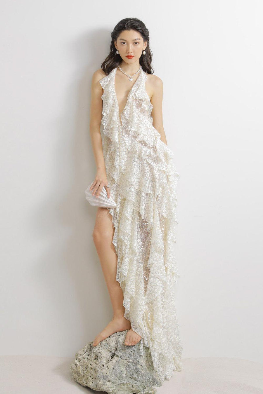 Berry Asymmetric Halter Neck Lace Maxi Dress Cream Maxi Dress LASSY