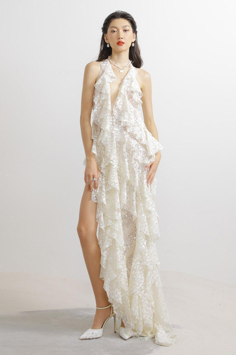 Berry Asymmetric Halter Neck Lace Maxi Dress Maxi Dress LASSY