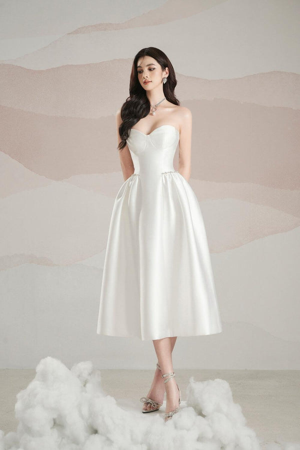 Bertha Strapless Semi-Heart Neck Trerena Taffeta Midi Dress