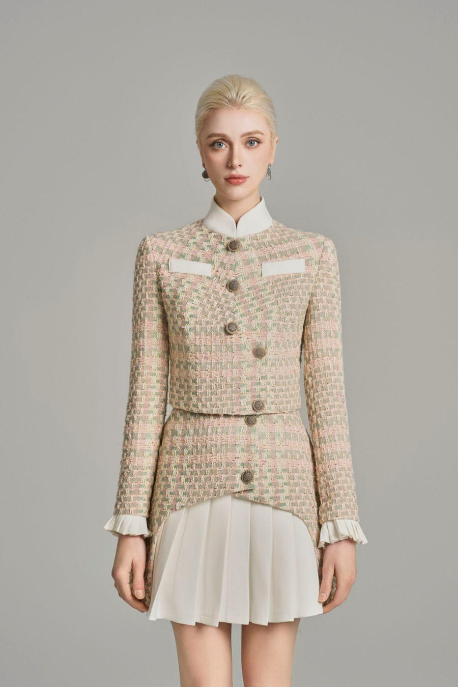 Bexley A-line Pleated Tweed Mini Skirt Pink Beige White Skirt Cordia