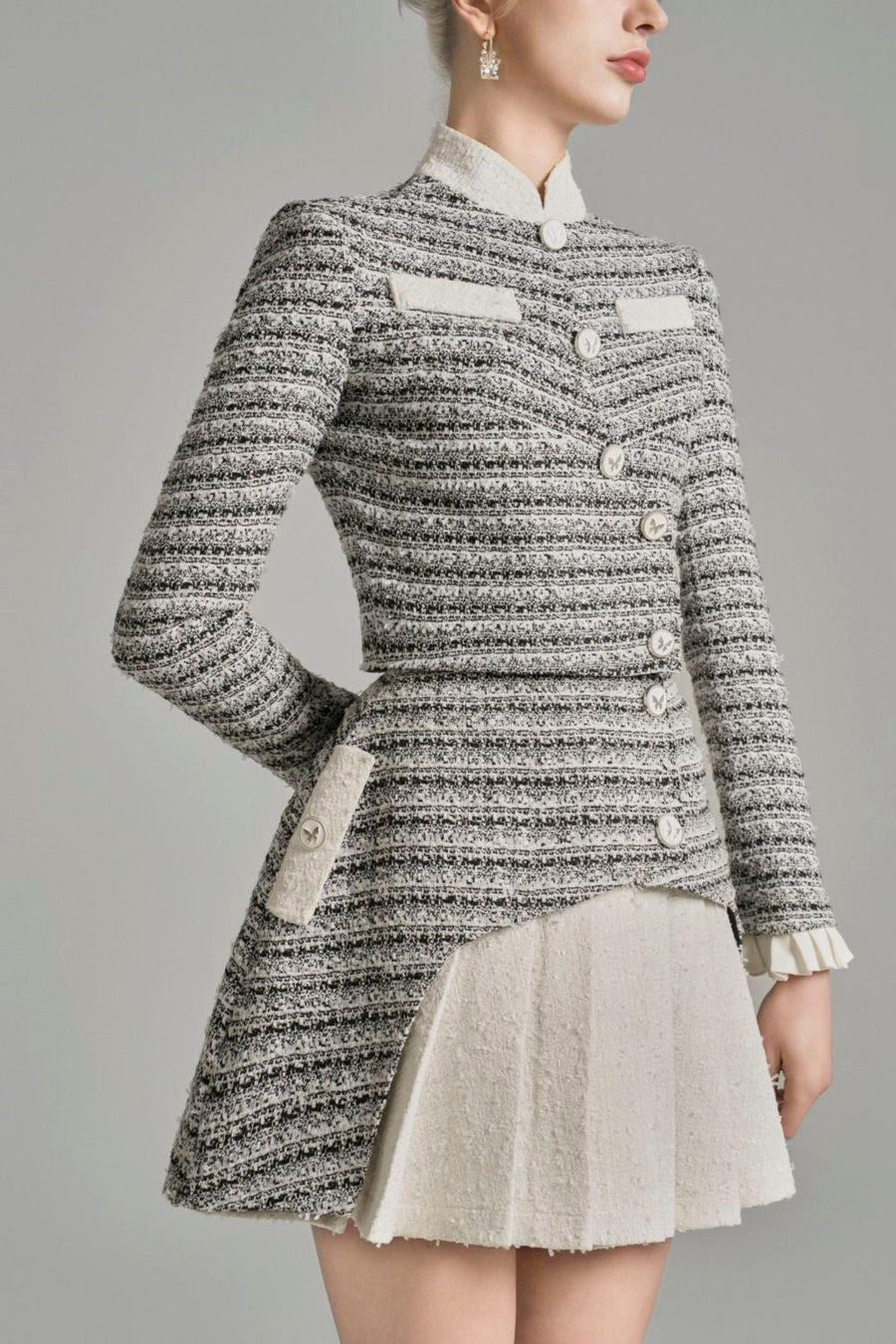 Bexley Cropped Poet Sleeved Tweed Top Black and White Long Sleeved Top Cordia