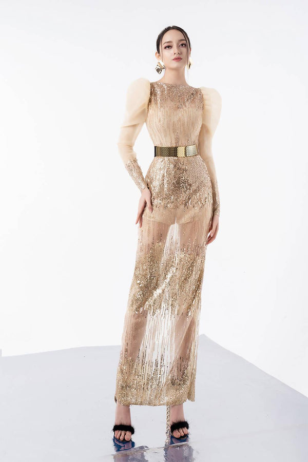 Bianco Sheath Leg Of Mutton Sleeved Sequin Ankle Length Dress 1