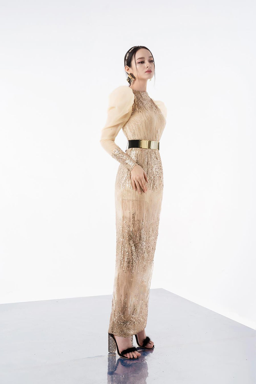 Bianco Sheath Leg Of Mutton Sleeved Sequin Ankle Length Dress 5