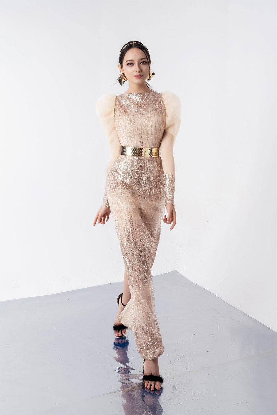 Bianco Sheath Leg Of Mutton Sleeved Sequin Ankle Length Dress 6