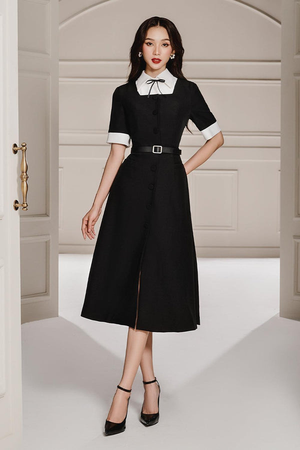 Binky A-line Shirt Collar Linen Cotton Midi Dress