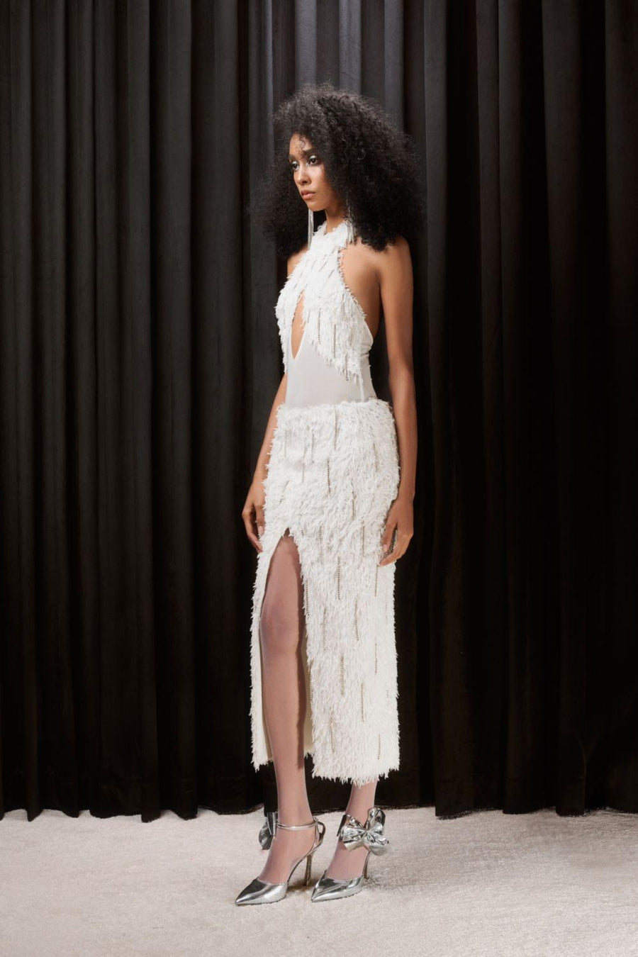 Blakely Slit Stone Faux Fur Midi Skirt White Skirt LASSY