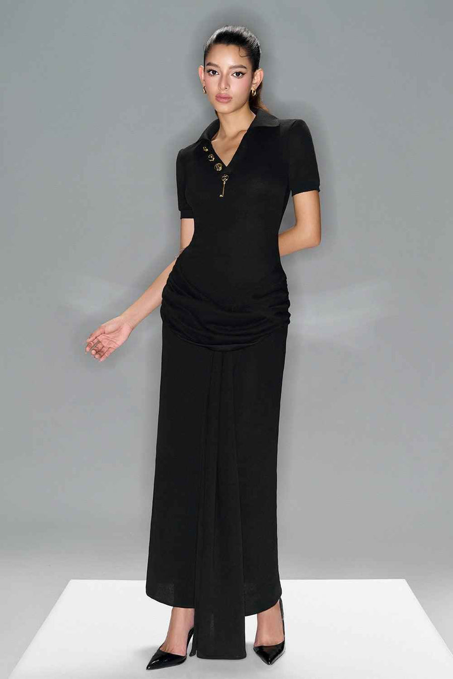 Blanc Sarong V-Neck Spandex Ankle Length Dress Black Maxi Dress LaLING