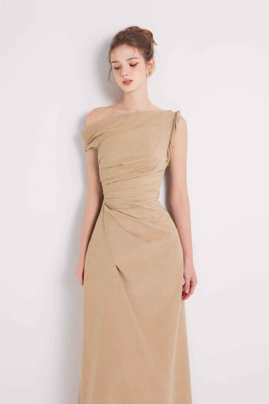 Bliss A-line Asymmetric Sleeved Khaki Silk Ankle Length Dress