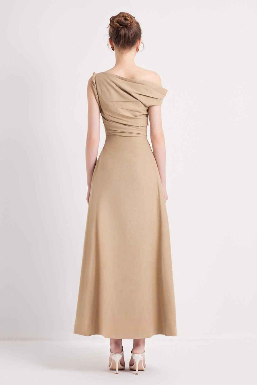 Bliss A-line Asymmetric Sleeved Khaki Silk Ankle Length Dress