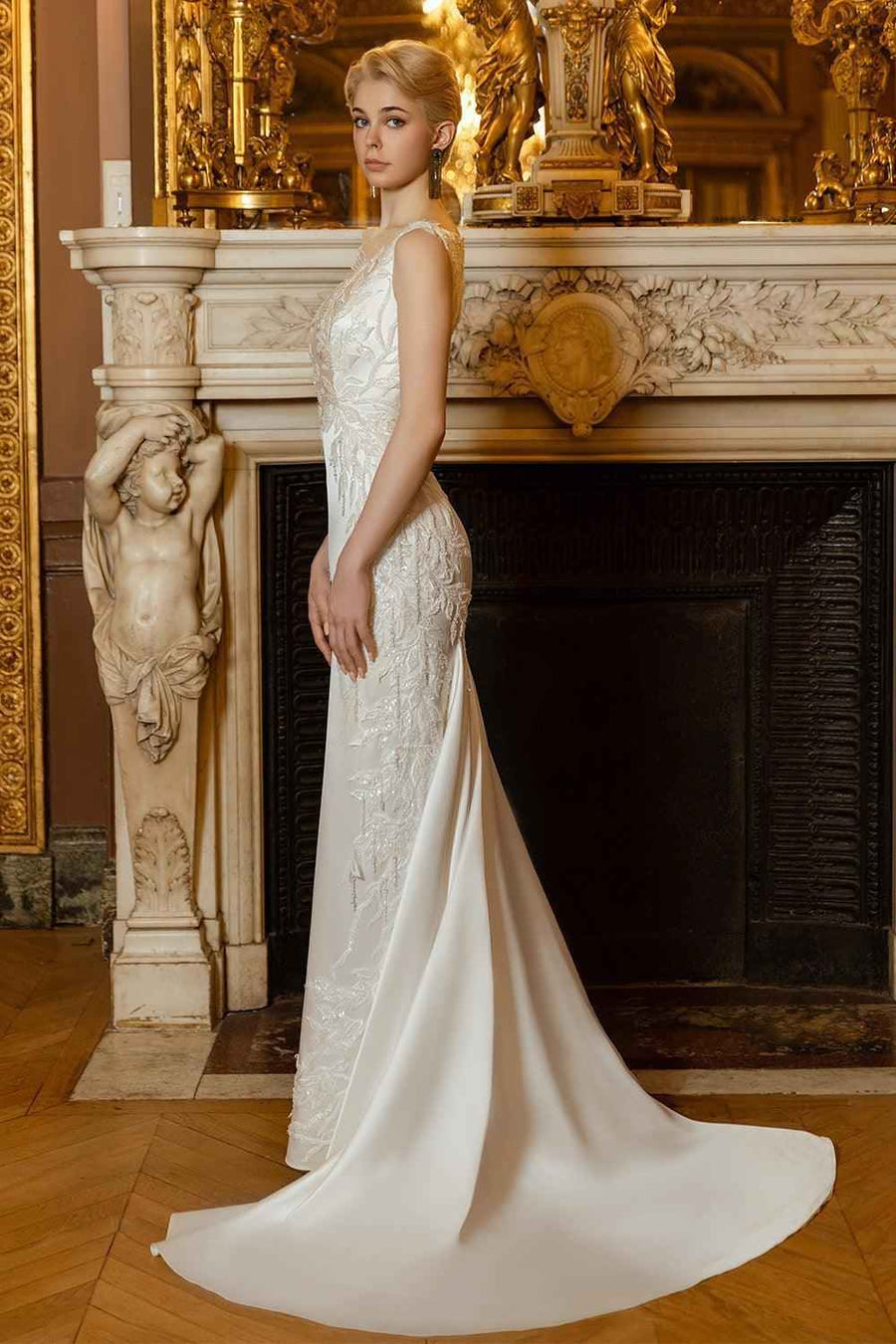 Bond Mermaid Boat Neck Silk Satin Floor Length Dress