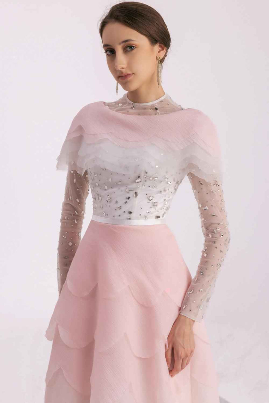 Bonilla Layered Long Sleeved Organza Floor Length Dress