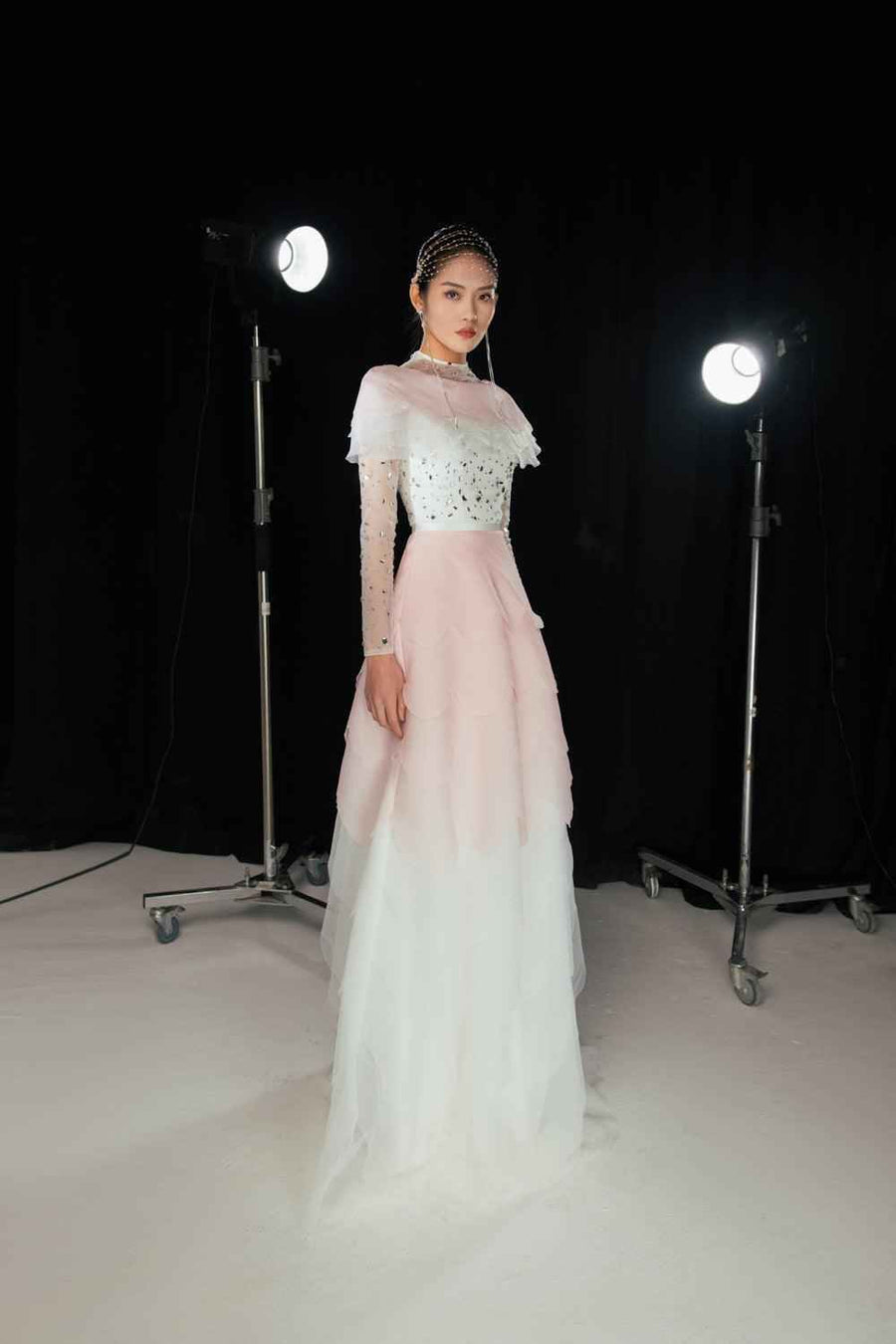 Bonilla Layered Long Sleeved Organza Floor Length Dress
