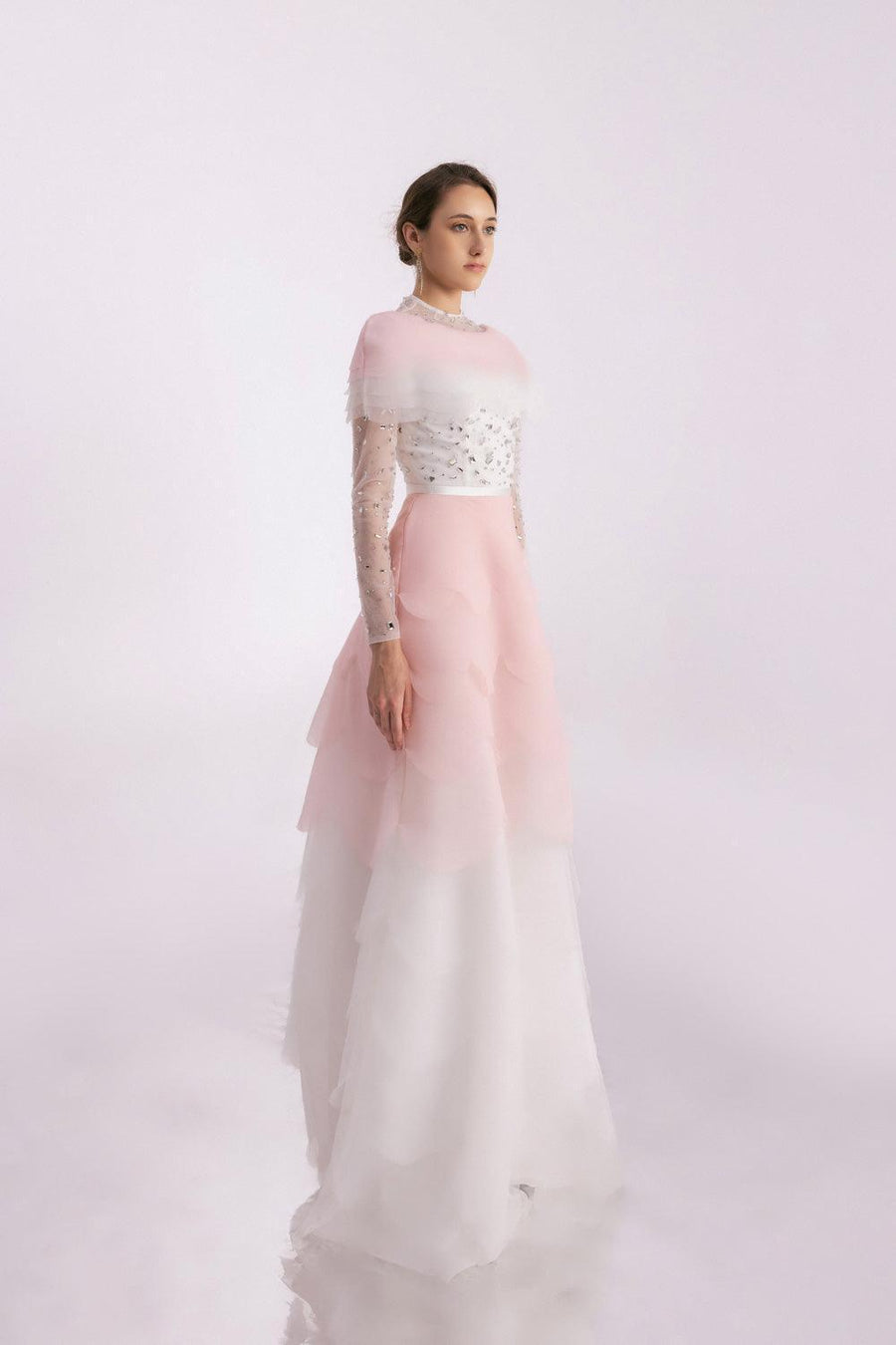 Bonilla Layered Long Sleeved Organza Floor Length Dress 6